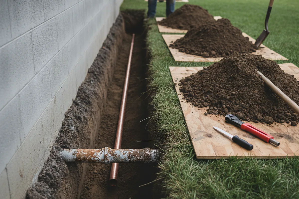 Excavated water line trench during Water Softener Installation in Wenatchee